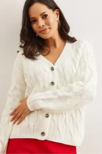 Ayollar Ecru Soch O'rimli Triko Kardigan HRK-19000298-Ecru - 4