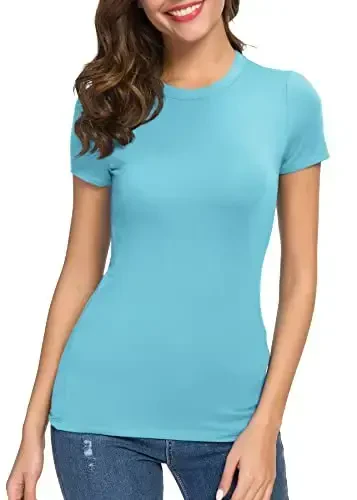 Ayollar ekipaj bo'yinli ingichka bichimli qisqa yengli futbolka Stretchli bodycon asosiy futbolkalar - 4