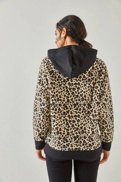 Ayollar Ekrü Leopard Leopard Kapşonlu Polar Ko'ylak SWT-19000326 - 5