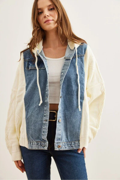 Ayollar Ekrü Movi Denimli Tafsilotli Kapşonlu Triko Xalta HRK-19000302 - 3