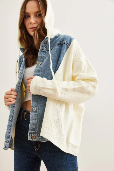 Ayollar Ekrü Movi Denimli Tafsilotli Kapşonlu Triko Xalta HRK-19000302 - 4