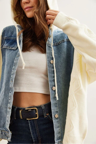Ayollar Ekrü Movi Denimli Tafsilotli Kapşonlu Triko Xalta HRK-19000302 - 6