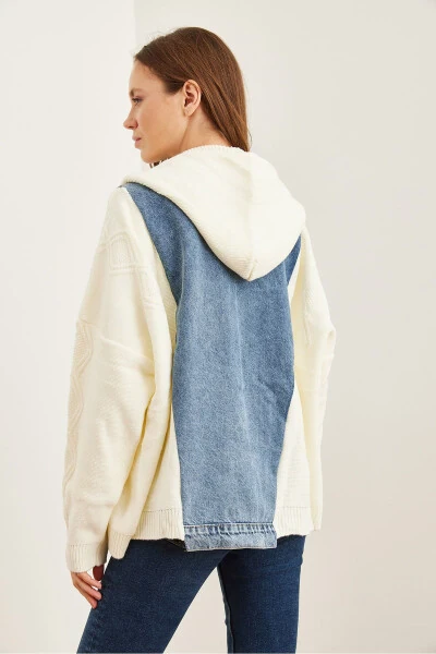 Ayollar Ekrü Movi Denimli Tafsilotli Kapşonlu Triko Xalta HRK-19000302 - 7