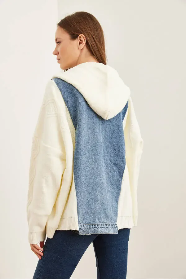 Ayollar Ekrü Movi Denimli Tafsilotli Kapşonlu Triko Xalta HRK-19000302 - 7