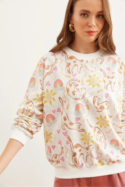 Ayollar Ekrü Mushuk Basic Yumshoq To'qimalidir Keng Sweatshirt SWT-19000457 - OLALOOK