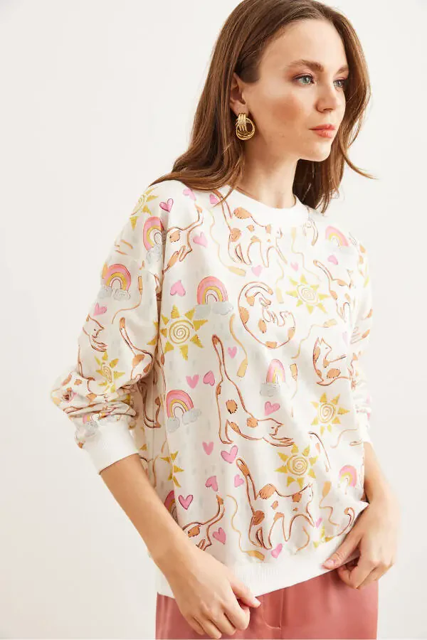 Ayollar Ekrü Mushuk Basic Yumshoq To'qimalidir Keng Sweatshirt SWT-19000457 - 3