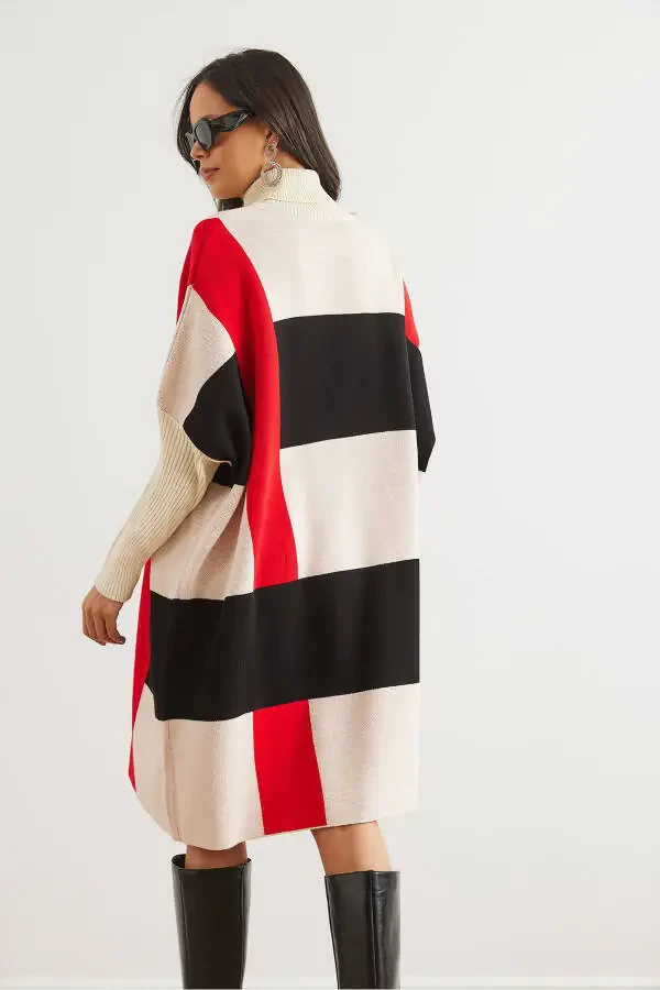 Ayollar Ekru Qora Shaxmatli Qalin Pancho Tunik Ko'ylak ELB-19002323 - 5