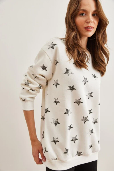 Ayollar Ekru Qora Yulduz Naqshli Oversize Shardonli Sviter SWT-19000658 - OLALOOK (1)