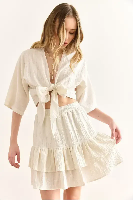 Ayollar Ekru ustki bluz pastki yubka to'plami TKM-19000390 - 1