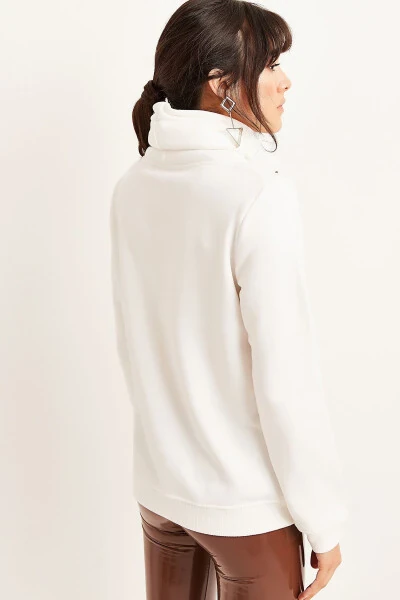 Ayollar Ekru Uzun Bo'yinli Yumshoq To'qimalqli Qalin Svitshot SWT-19000189 - 5