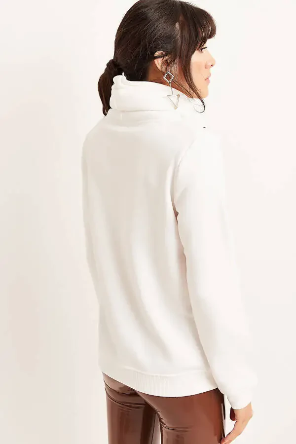 Ayollar Ekru Uzun Bo'yinli Yumshoq To'qimalqli Qalin Svitshot SWT-19000189 - 5