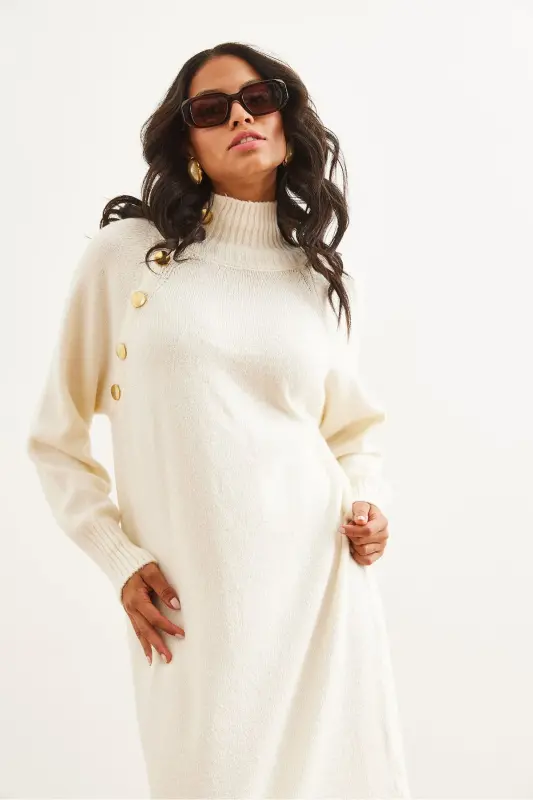 Ayollar Ekru Yengil Ko'ylak Tugmali Maxi Tr - 4