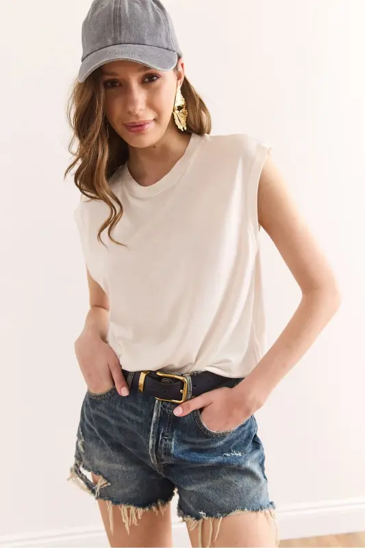 Ayollar Ekru Yengsiz Crop Yengil Top Bluz Blz-190029 - 3