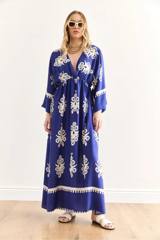 Ayollar Fransuz Saksan Moviy Kruvaze Yoqali Beli Rezinkali - 2