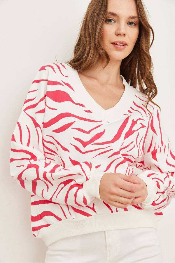 Ayollar Fuchsia V Yaka Thistled Zebra Qalin Sviter SWT-19000677 - 5