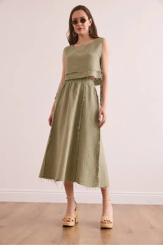 Ayollar Haki Beli Rezinali Yomon Tikuv Muslin Yubka ETK-19000310-Haki - 2