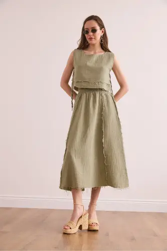 Ayollar Haki Beli Rezinali Yomon Tikuv Muslin Yubka ETK-19000310-Haki - 3