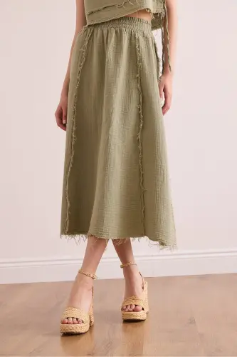 Ayollar Haki Beli Rezinali Yomon Tikuv Muslin Yubka ETK-19000310-Haki - 4