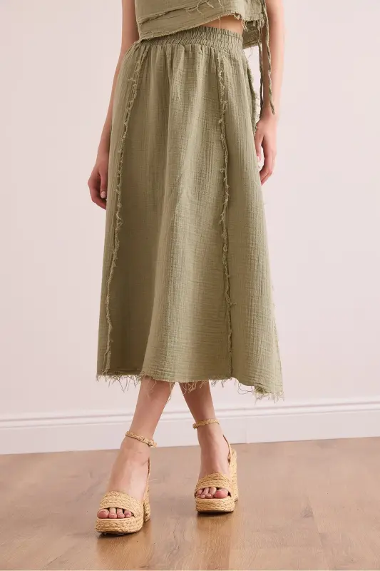 Ayollar Haki Beli Rezinali Yomon Tikuv Muslin Yubka ETK-19000310-Haki - 4