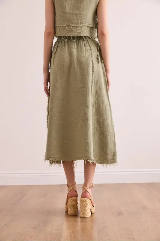 Ayollar Haki Beli Rezinali Yomon Tikuv Muslin Yubka ETK-19000310-Haki - 6