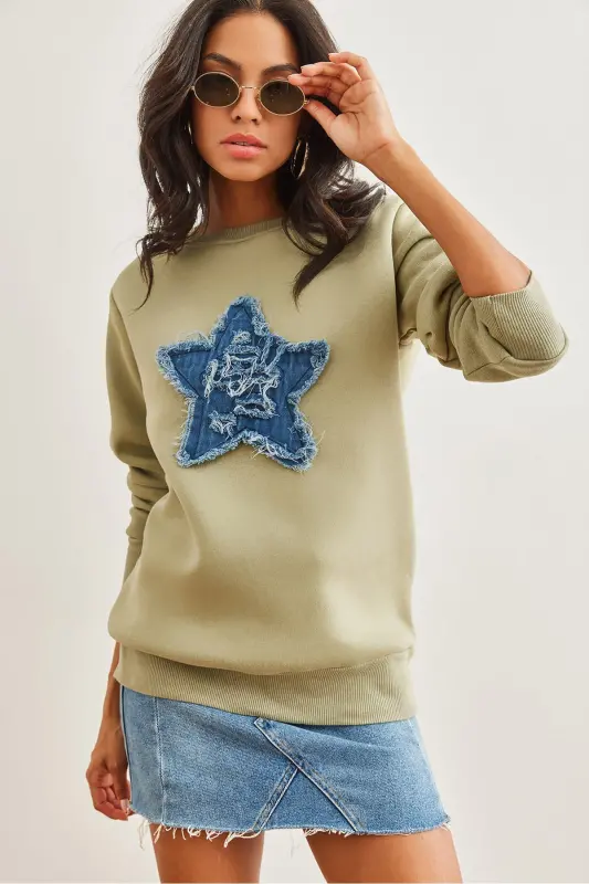 Ayollar Haki Denim Yurak bezatilgan Junli Qalin Sviter SWT-19000691-Haki - OLALOOK