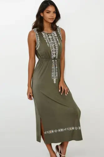 Ayollar Haki Kashta Bosma Bohem Libos ALC-6564-HAKI - TREND ALAÇATI STILI (1)