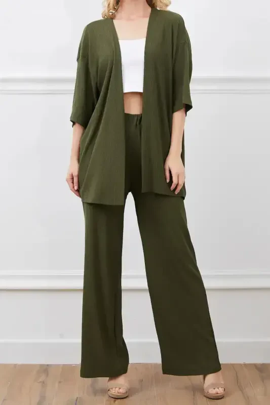 Ayollar Haki Keng Ishtonli Palazzo Ustki Kimono Kostyumi - HAKIBOLPACHA - 2