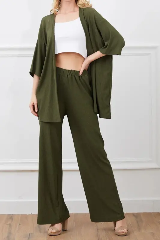 Ayollar Haki Keng Ishtonli Palazzo Ustki Kimono Kostyumi - HAKIBOLPACHA - 3