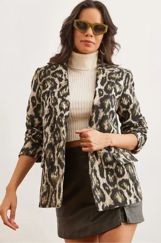 Ayollar Haki Leopard Fleto Cho'ntakli Astarlı Kaşe Blazer Ko'ylagi CKT-19000403-Haki Leopard - 1