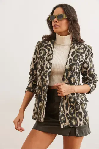 Ayollar Haki Leopard Fleto Cho'ntakli Astarlı Kaşe Blazer Ko'ylagi CKT-19000403-Haki Leopard - 3