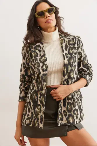 Ayollar Haki Leopard Fleto Cho'ntakli Astarlı Kaşe Blazer Ko'ylagi CKT-19000403-Haki Leopard - 5