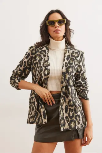 Ayollar Haki Leopard Fleto Cho'ntakli Astarlı Kaşe Blazer Ko'ylagi CKT-19000403-Haki Leopard - OLALOOK (1)