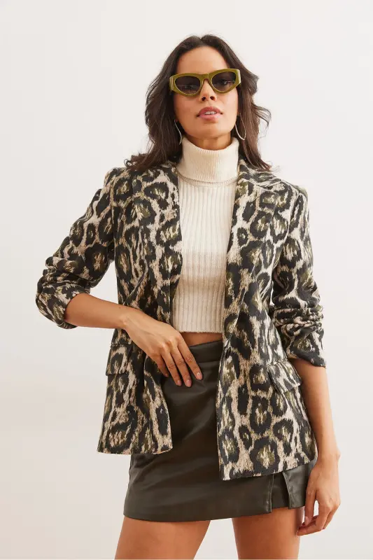 Ayollar Haki Leopard Fleto Cho'ntakli Astarlı Kaşe Blazer Ko'ylagi CKT-19000403-Haki Leopard - 2