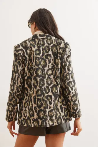 Ayollar Haki Leopard Fleto Cho'ntakli Astarlı Kaşe Blazer Ko'ylagi CKT-19000403-Haki Leopard - 8