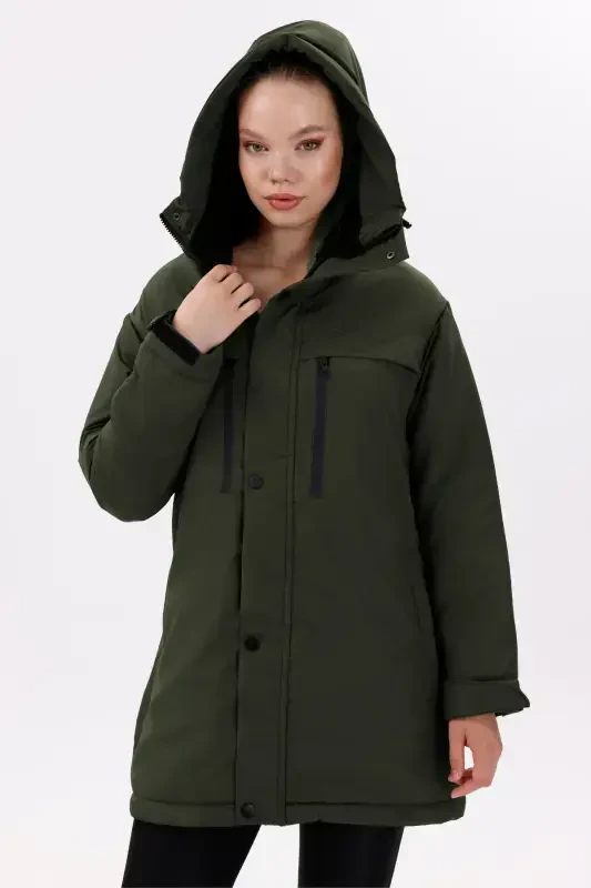 Ayollar Haki Polarlı Mo'ynali Suv va Shamol o'tkazmaydigan Kapüşonli Qishki Palto & Kaban & Parka-Haki - 4