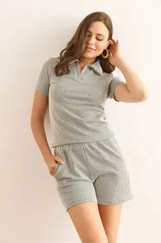 Ayollar Haki Polo Yoqali Bluzkali Shortli To'plam TKM-19000 - 3