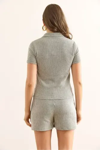 Ayollar Haki Polo Yoqali Bluzkali Shortli To'plam TKM-19000 - 7