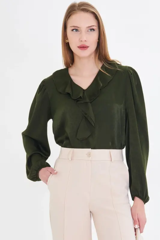 Ayollar Haki yoqasi burmali yelkasi burmali qo'li rezinkali paxta satin bluzka ARM-22K001059-Haki - 1