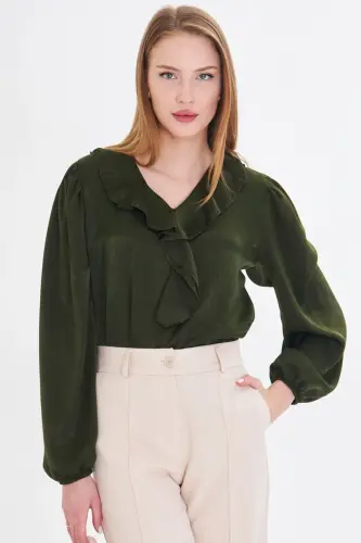 Ayollar Haki yoqasi burmali yelkasi burmali qo'li rezinkali paxta satin bluzka ARM-22K001059-Haki - 3