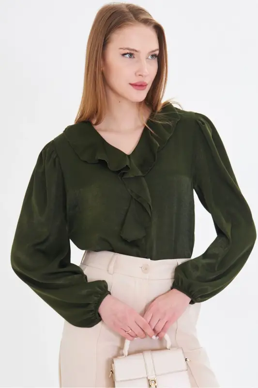 Ayollar Haki yoqasi burmali yelkasi burmali qo'li rezinkali paxta satin bluzka ARM-22K001059-Haki - 4