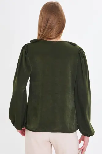Ayollar Haki yoqasi burmali yelkasi burmali qo'li rezinkali paxta satin bluzka ARM-22K001059-Haki - 5
