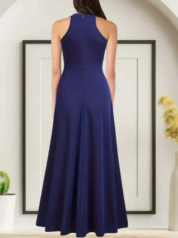 Ayollar Halter Yoqasi Chuqur Yirtqich Tafsilotli To'liq Bo'yli Janjan Krep Abiye Ko'ylak - 2