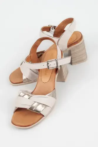 Ayollar haqiqiy charm poshnali sandal, yog'och poshnali sandal - bej oltin - 5