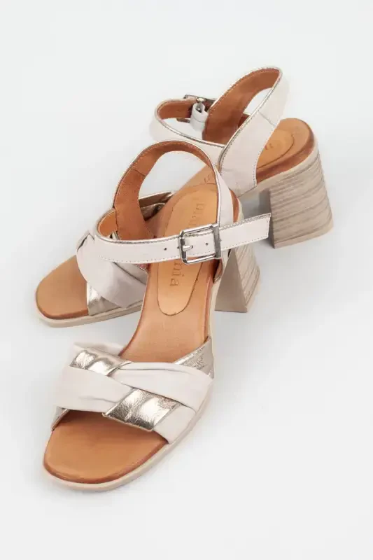 Ayollar haqiqiy charm poshnali sandal, yog'och poshnali sandal - bej oltin - 5