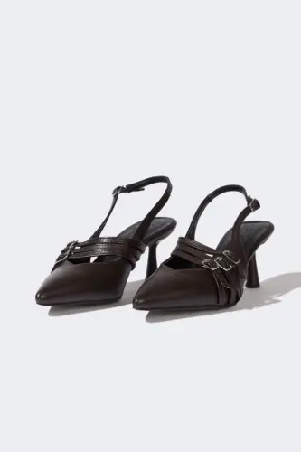 Ayollar ikki bantli baland poshnali sun'iy charm sandal - Qahva - 1