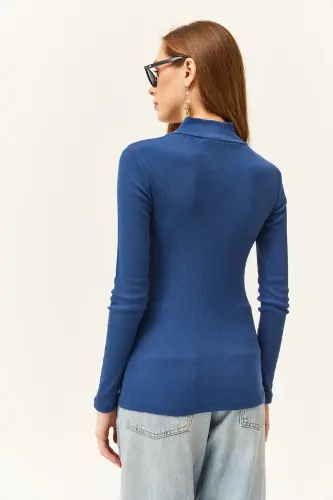 Ayollar Indigo Fermuarli Balıkchi Yoqali Likrali Bluz-Indigo - 4