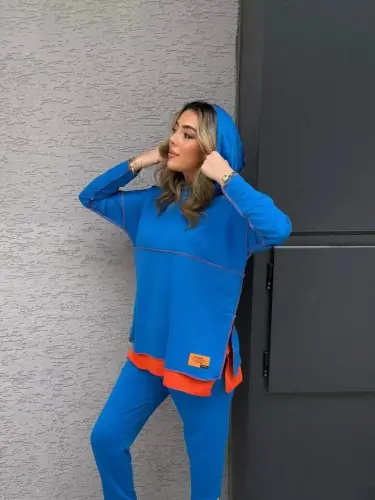 Ayollar Indigo Kapüşonli Etek Uchi Detallari Arma Teskari Tikuv Ko'rinishli Ikki Qismli Kostyum - 2