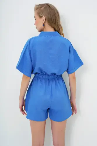 Ayollar indigo ko'k ko'ylak yoqali cho'ntakli short kombinezon ALC-X11611-INDIGO MAVI - 3