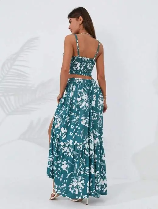 Ayollar ingichka kamarlar gul bosma naqshli tor tepa yubka yirtig'i ikki qismli super triko kostyumi - 6