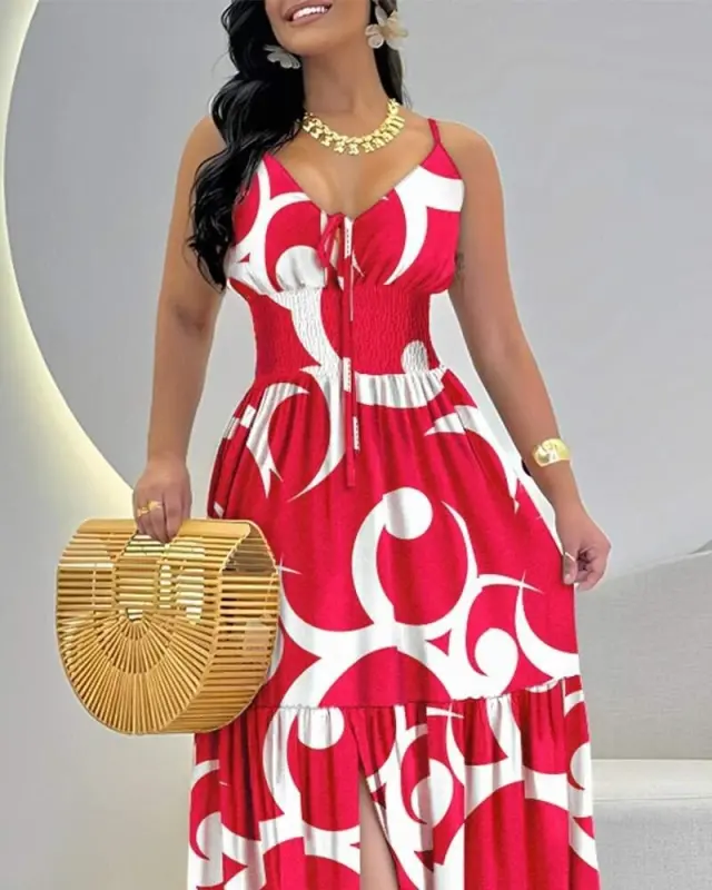 Ayollar Ip Askılı Dekolteli Bog'ichli Yirtqichli Naqshli Süprem Ko'ylak - 2